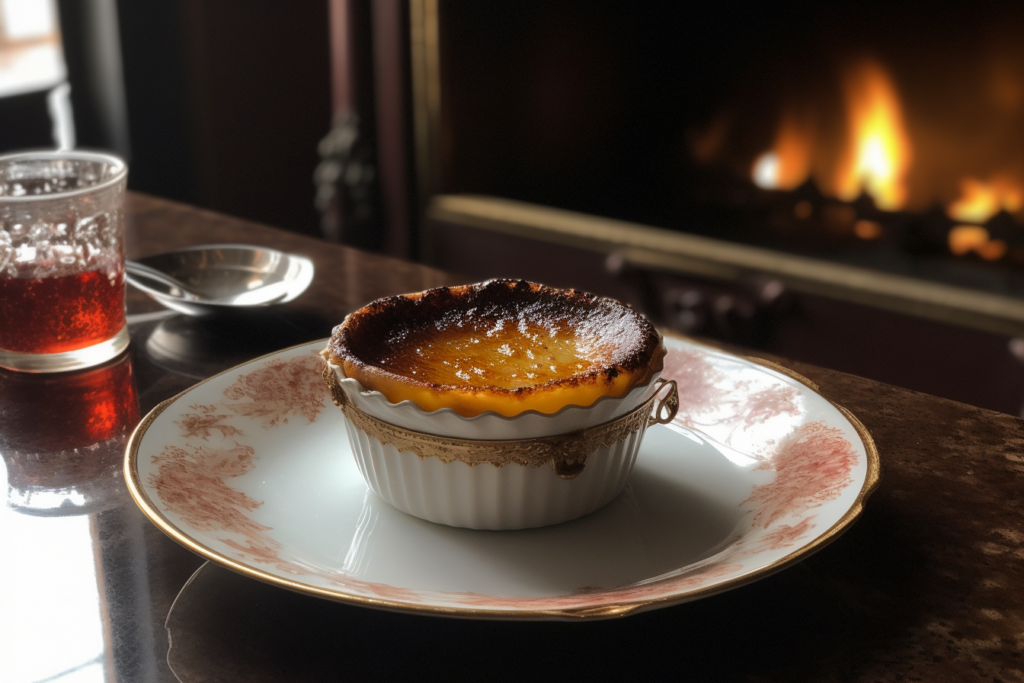 A classic Crème Brûlée served in a ramekin, featuring a caramelized sugar crust that highlights its French origins and rich culinary history.

