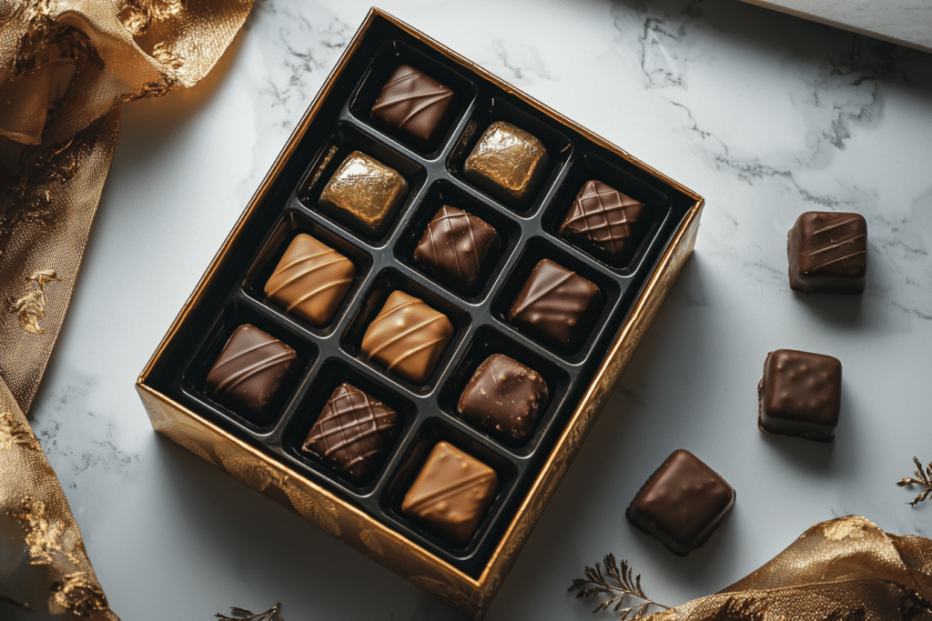 Which Chocolate Is Dubai Famous For? A Luxury Guide 2 Luxury box of camel milk chocolates by Al Nassma with gold accents and velvet ribbon.