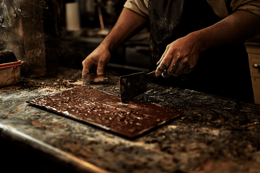 Why Is Dubai Chocolate So Expensive? Key Reasons Explained 2 Chocolatier tempering chocolate on a marble slab to achieve a glossy, smooth finish.
