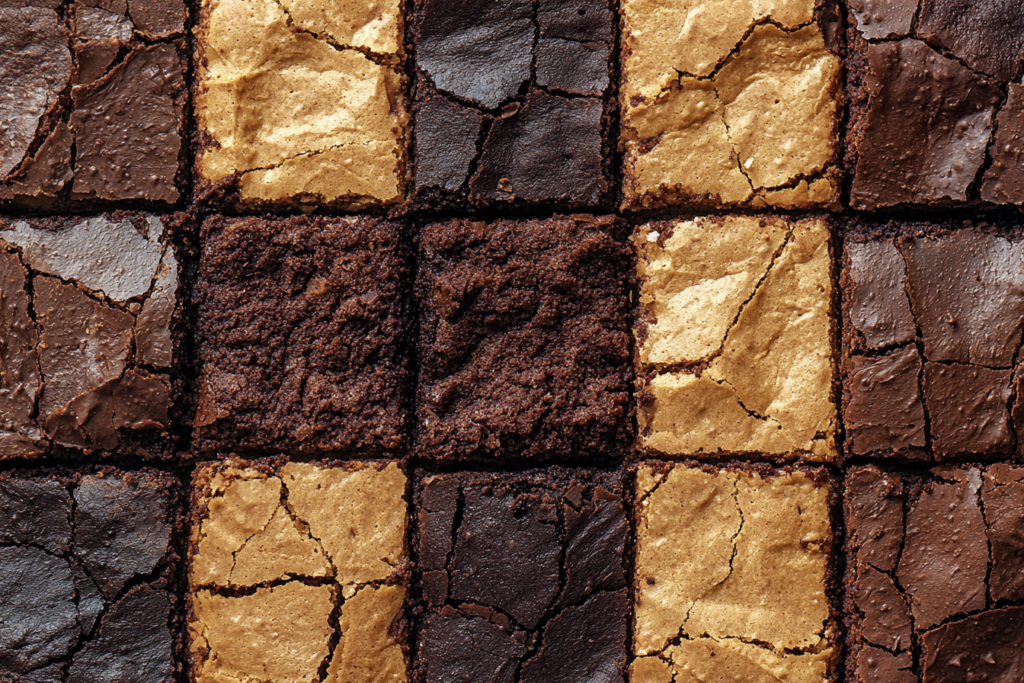 Brookie squares with distinct layers of brownie and cookie dough, ready to serve.