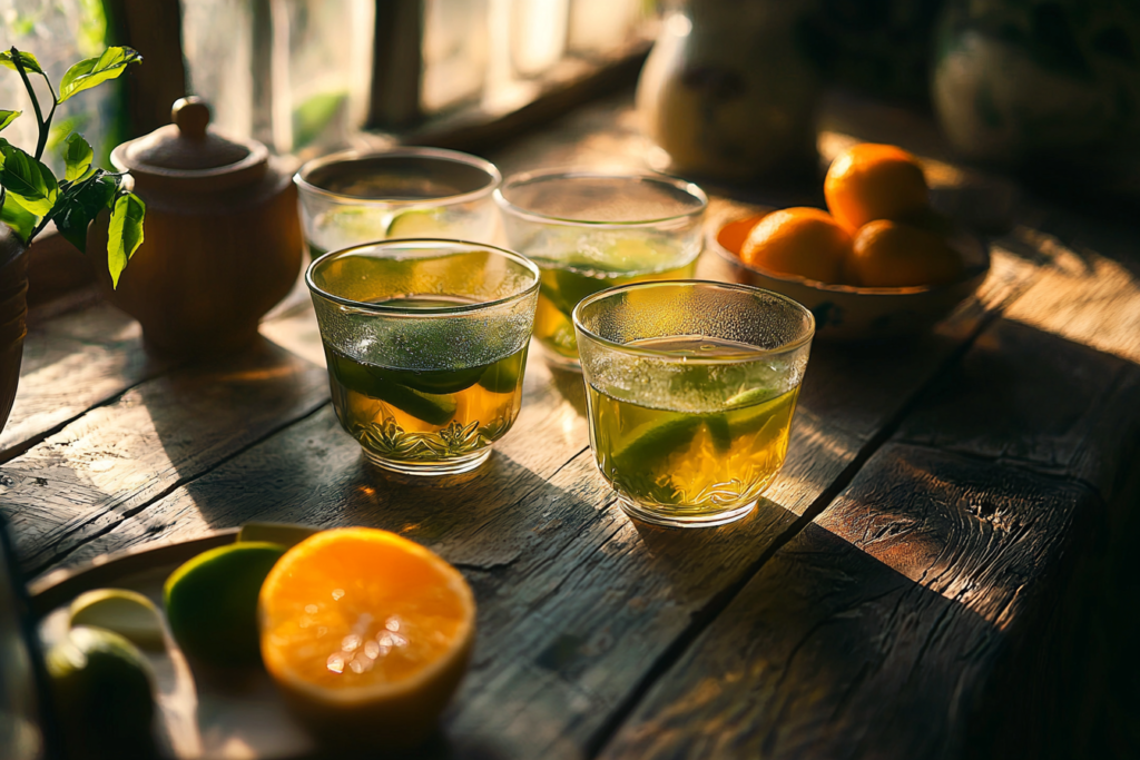 Variety of green tea shots, including fruity and spicy versions, in colorful glasses.