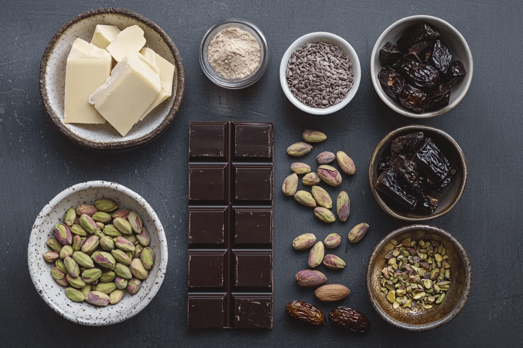 Dubai Chocolate Bar Recipe: Luxurious Middle Eastern Dessert 1 Ingredients for Dubai chocolate bar: chocolate, pistachios, rosewater, cardamom, and dates displayed on a marble countertop