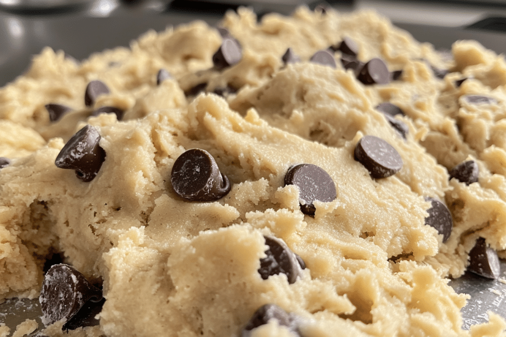 Make Cookies Chewy Instead Crunchy: Expert Tips ! 2 Close-up of soft cookie dough with chocolate chips on a baking sheet, ready for baking.