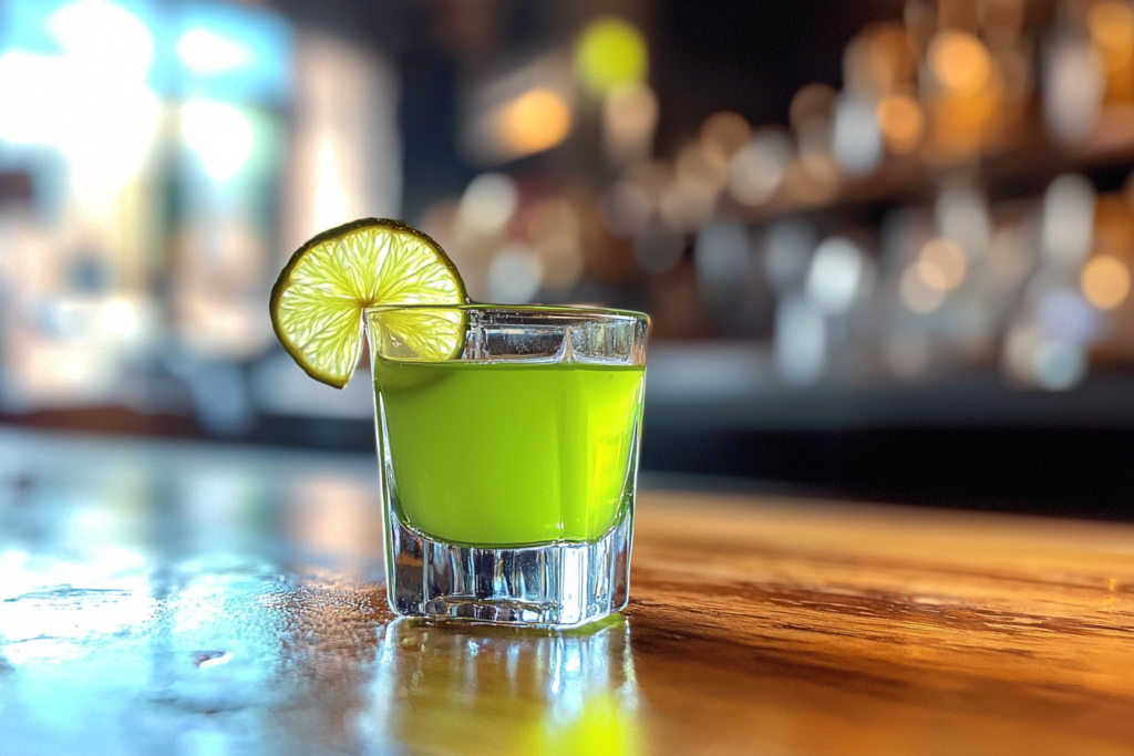 Close-up of a green tea shot garnished with lime on a wooden counter.