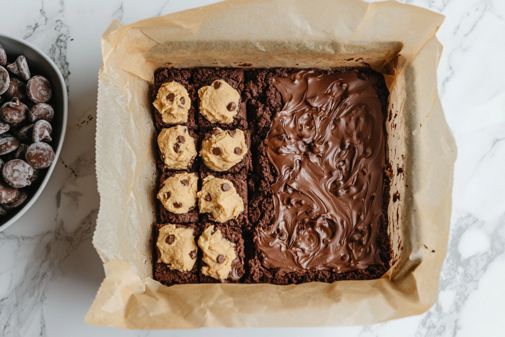 Step-by-step layering of brownie batter and cookie dough in a baking pan.