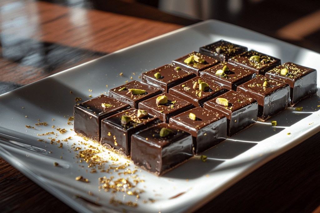 Dubai Chocolate Bar Recipe: Luxurious Middle Eastern Dessert 3 Finished Dubai chocolate bars topped with pistachios and edible gold leaf on a white serving platter.