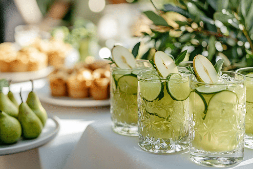 White or Green Tea Shot: Key Differences Explained 3 Party table with green tea and white tea mocktail shots garnished with lime and pear slices, served alongside appetizers