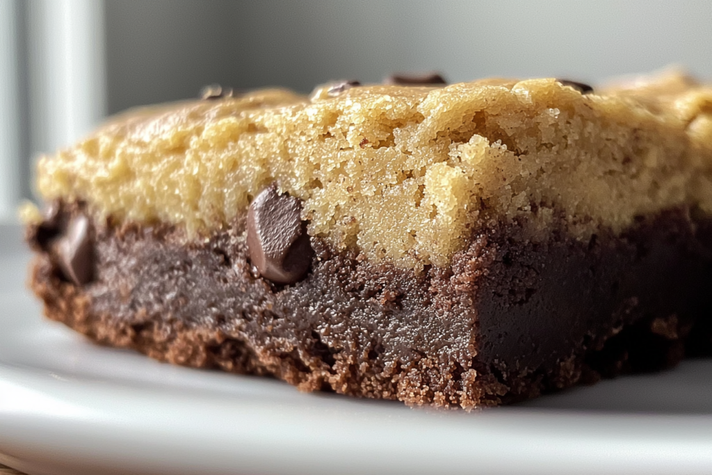 Close-up of a brookie with a fudgy brownie base and golden cookie dough layer.