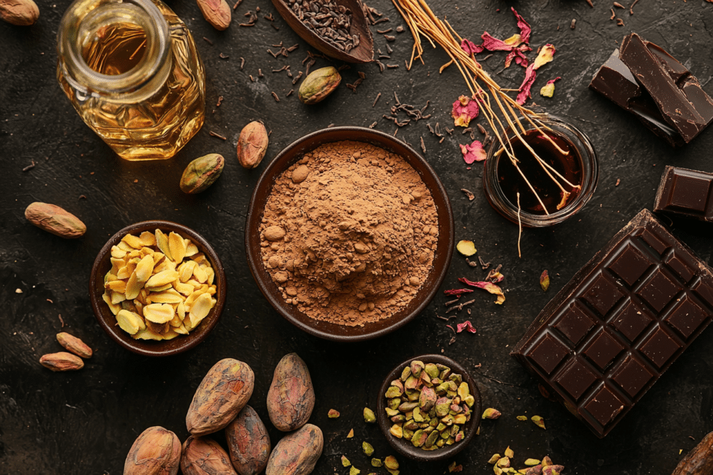 Why Is Dubai Chocolate So Expensive? Key Reasons Explained 1 Premium ingredients for Dubai chocolate: cacao beans, pistachios, saffron threads, and rosewater on a wooden table.