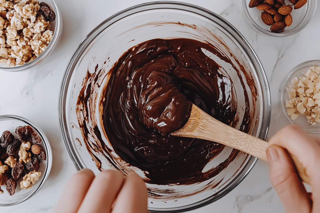 Dubai Chocolate Bar Recipe: Luxurious Middle Eastern Dessert 2 Glossy melted chocolate being stirred in a bowl with small bowls of pistachios, dates, and dried fruits on the side.