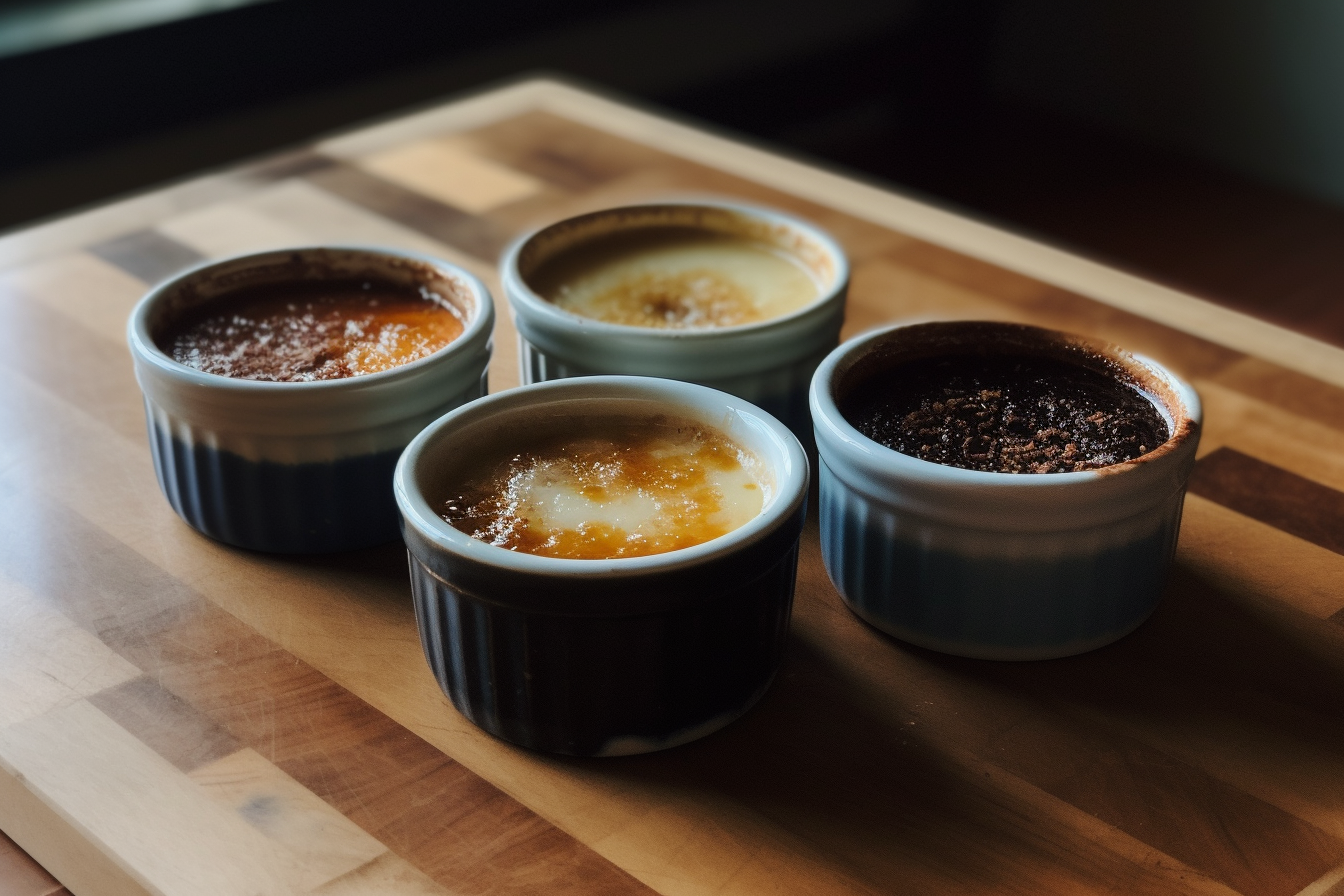 Three Crème Brûlée ramekins showcasing different variations: chocolate, citrus zest, and classic vanilla, illustrating the dessert’s flavor versatility.