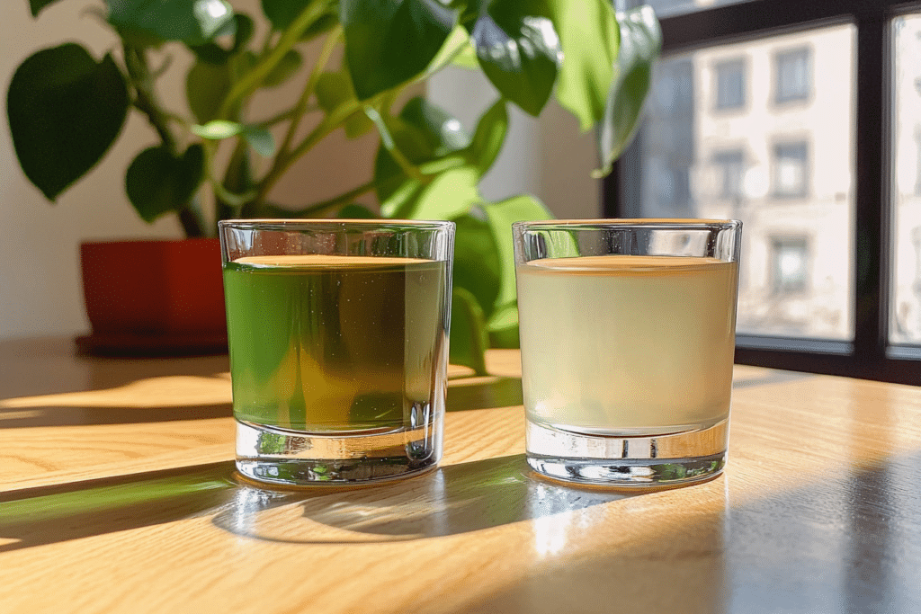 White or Green Tea Shot: Key Differences Explained 1 Green tea shot and white tea shot mocktails side by side, showcasing their color differences."