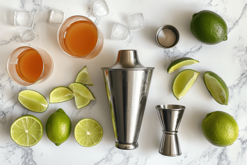 White or Green Tea Shot: Key Differences Explained 2 Ingredients for preparing non-alcoholic green tea and white tea shots, including brewed tea, peach juice, lime, and sparkling water.