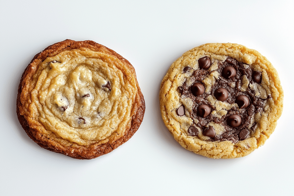 Why Nestle Cookies Go Flat? Find Out Here! 1 Comparison of a flat chocolate chip cookie and a thick, perfectly baked cookie.