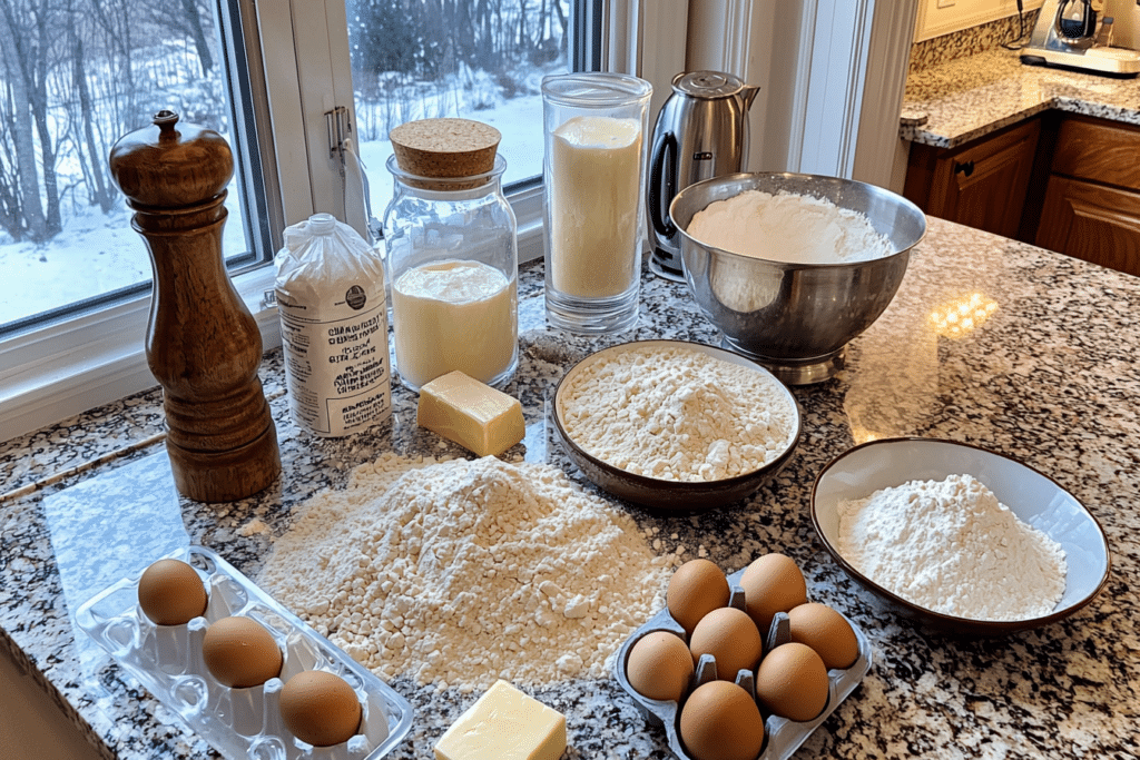 Secret to Soft Chewy Cookies: Tips for Perfectly Tender Treats 1 Ingredients for soft and chewy cookies, including flour, sugar, eggs, and butter, displayed on a kitchen counter.