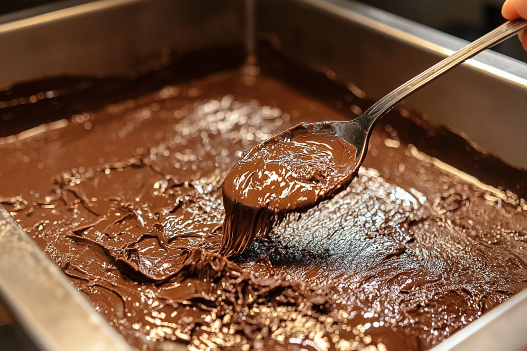 Brownie batter being spread evenly in a parchment-lined baking pan.