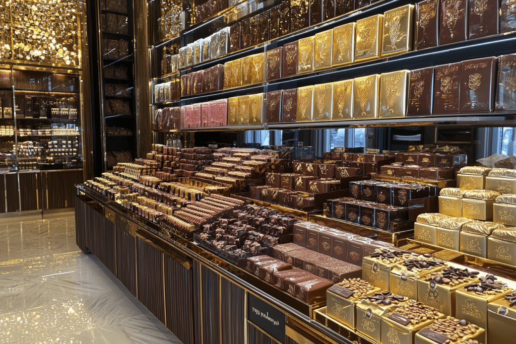 Which Chocolate Is Dubai Famous For? A Luxury Guide 3 High-end chocolate boutique in Dubai Mall showcasing premium chocolates and gold-accented gift boxes.