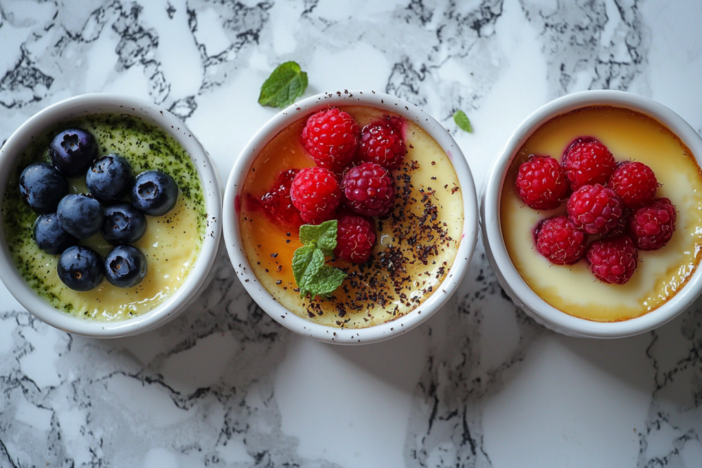 A trio of Crème Brûlée variations with creative garnishes and flavors.