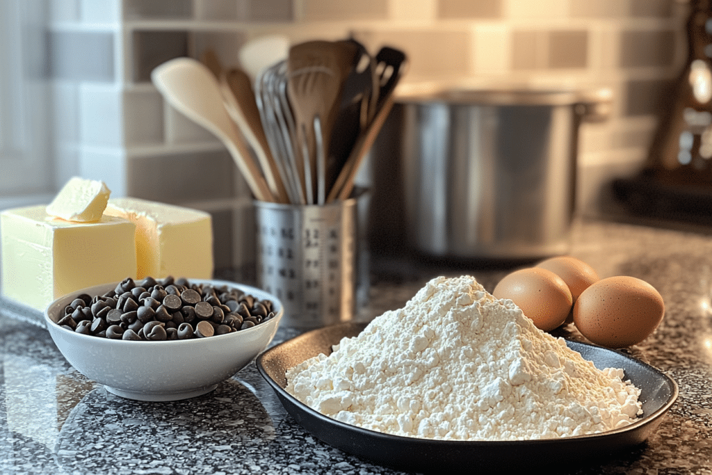 Why Nestle Cookies Go Flat? Find Out Here! 2 Ingredients for Nestle chocolate chip cookies, including flour, butter, sugar, eggs, and chocolate chips.