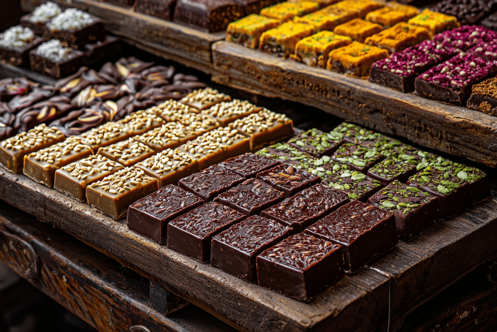 Which Chocolate Is Dubai Famous For? A Luxury Guide 1 Mirzam Chocolate bars featuring Middle Eastern-inspired flavors like saffron, dates, and cardamom.