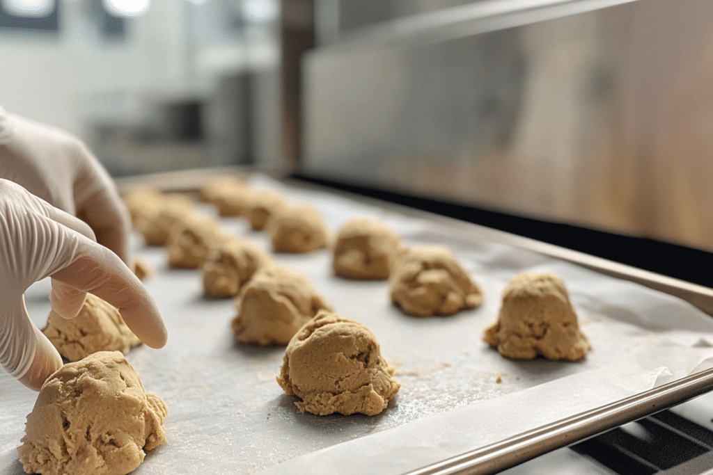 Why Nestle Cookies Go Flat? Find Out Here! 3 Unbaked cookie dough scoops on a baking sheet chilling in the refrigerator.