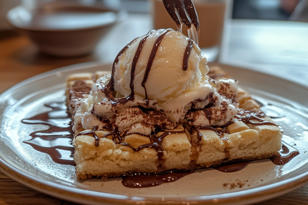 Brookie topped with vanilla ice cream and chocolate drizzle, ready to serve as a dessert.
