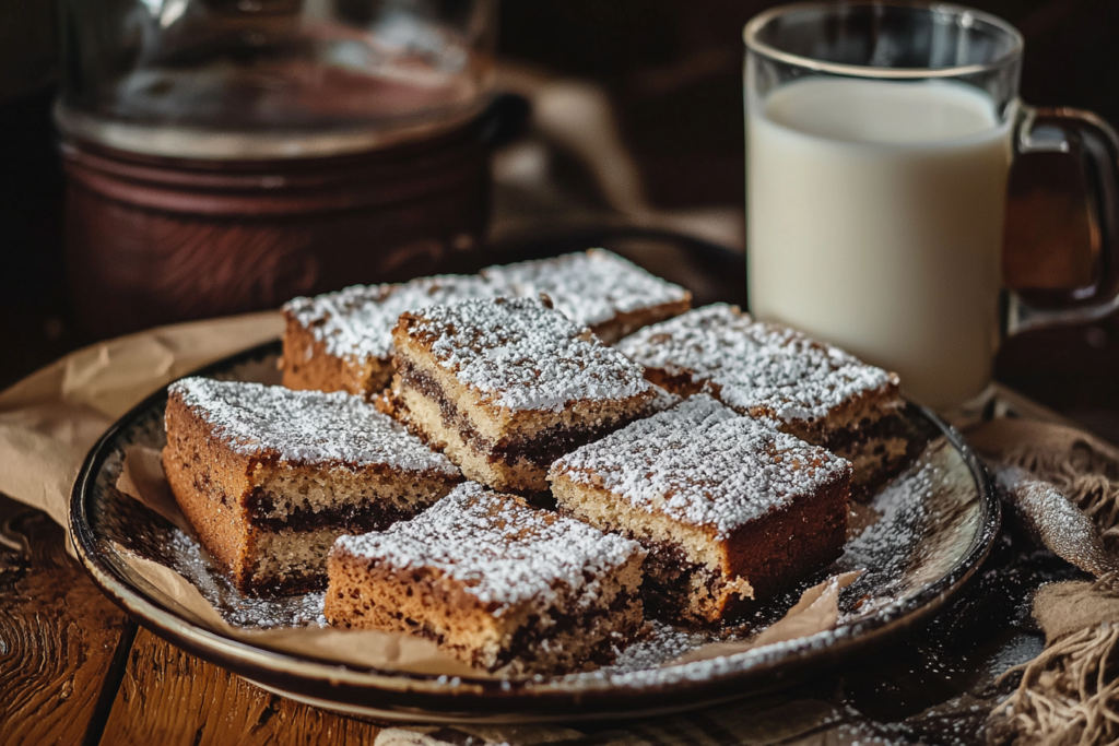 Brookie slices on a platter, sprinkled with powdered sugar and served with milk.