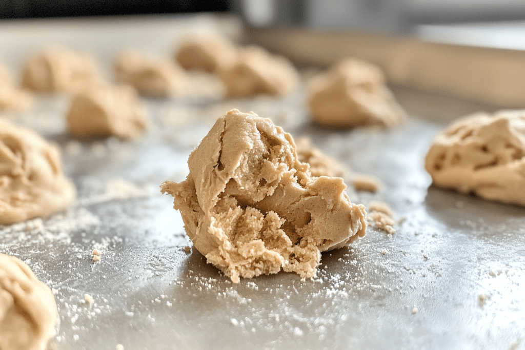 Secret to Soft Chewy Cookies: Tips for Perfectly Tender Treats 2 Cookie dough scoops on a baking sheet ready to be chilled for better texture.