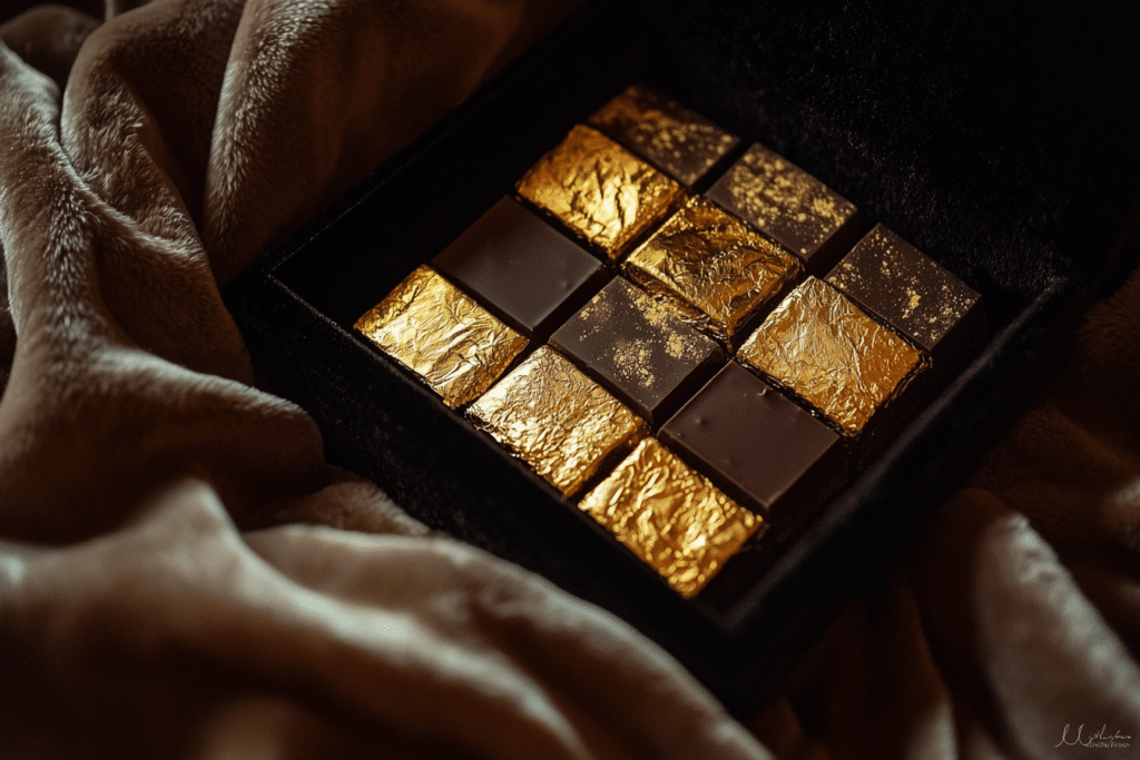 Why Is Dubai Chocolate So Expensive? Key Reasons Explained 3 Dubai chocolate bars in a luxury gift box with edible gold leaf, displayed on a velvet backdrop.