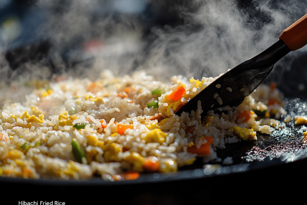 Best Blackstone Recipes: A Guide to Outdoor Cooking 2 Hibachi fried rice with vibrant vegetables, scrambled eggs, and soy sauce cooking on a Blackstone griddle, with steam rising and a spatula in motion.