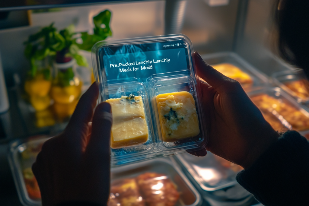 A consumer inspecting a Lunchly meal pack, holding it under warm lighting to check the cheese compartment for visible mold.