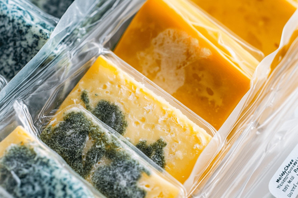 Lunchly Mold Cheese: Causes, Risks, and Brand Actions 1 Close-up of moldy cheese slices inside a Lunchly meal pack, highlighting the visible green and blue mold growth on processed cheese.