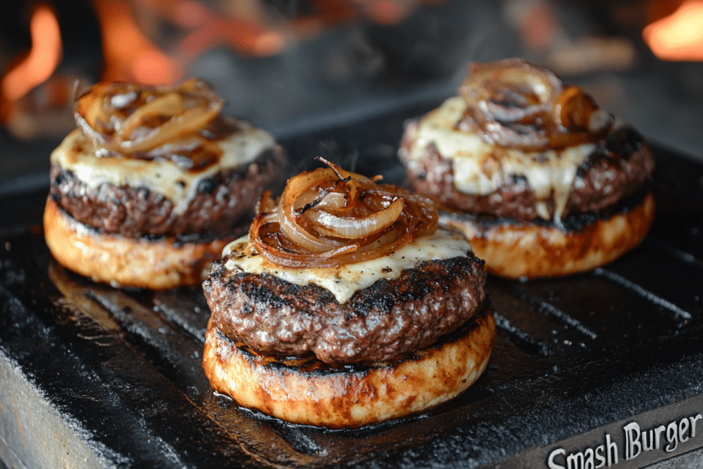 Best Blackstone Recipes: A Guide to Outdoor Cooking 1 Sizzling smash burgers with crispy edges, melted cheese, and caramelized onions cooking on a Blackstone griddle, with brioche buns toasting nearby.