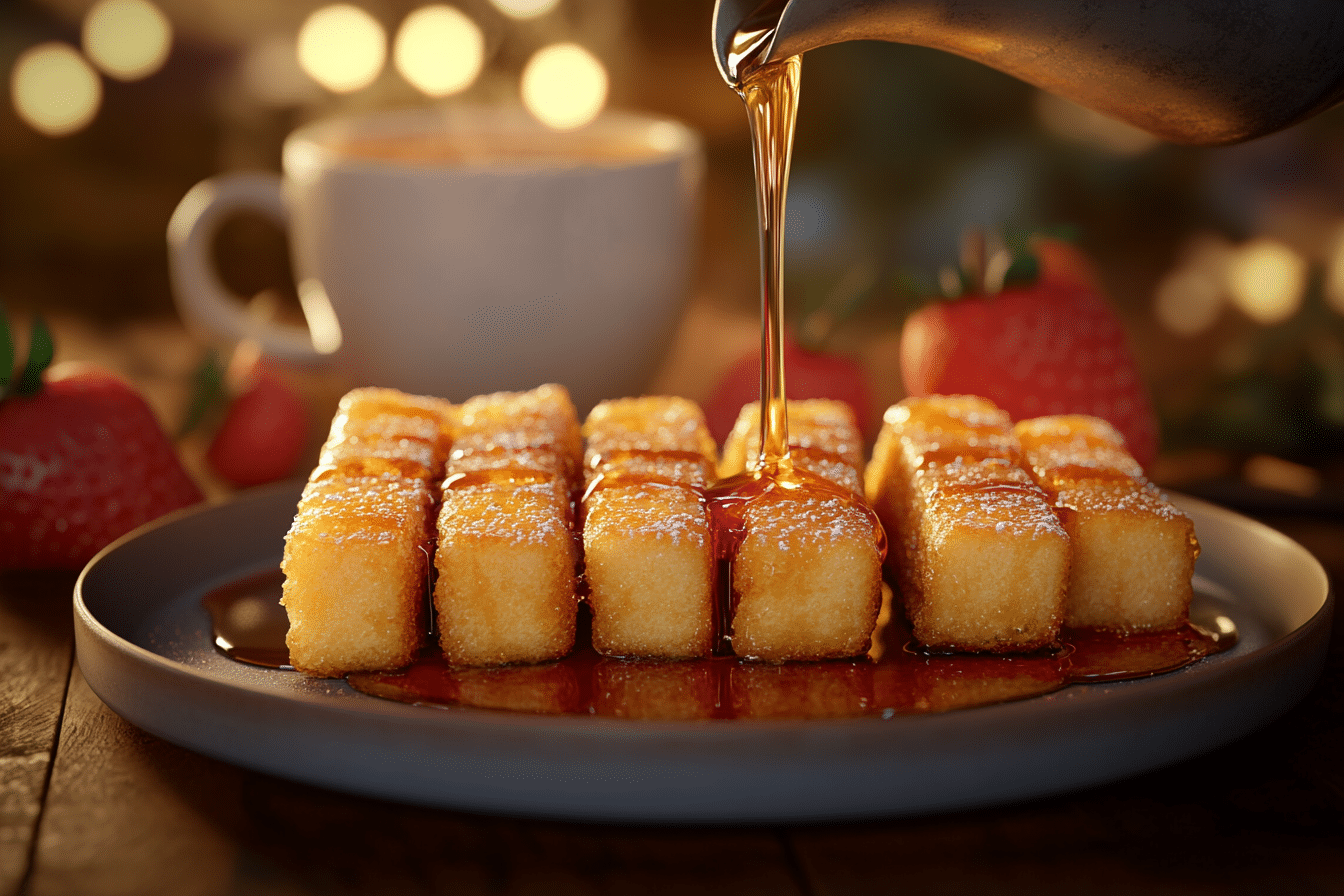 Burger King Breakfast Menu: Top Picks, Nutrition, and Pricing 3 Close-up of golden French Toast Sticks being drizzled with syrup, accompanied by fresh strawberries and a cup of coffee in a warm, inviting setting.
