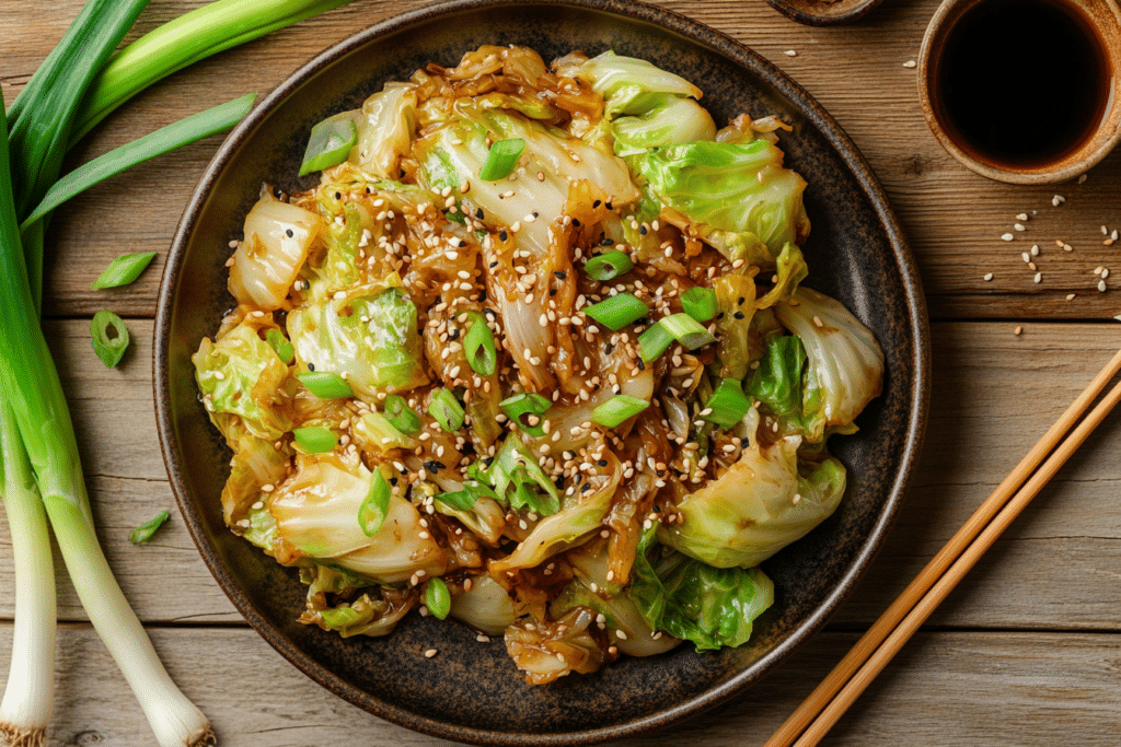 Napa Cabbage Recipes: 10 Irresistible Dishes You’ll Love 3 Overhead view of napa cabbage stir-fry with garlic, soy sauce, sesame seeds, and scallions, served on a white ceramic plate.