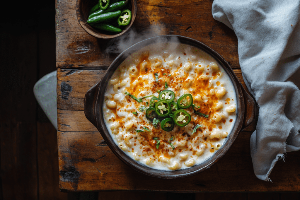 Tini Mac and Cheese Recipe: A Comfort Food Delight 3 Overhead shot of spicy mac and cheese garnished with sliced jalapeños and hot sauce, served in a rustic bowl with a vibrant presentation.