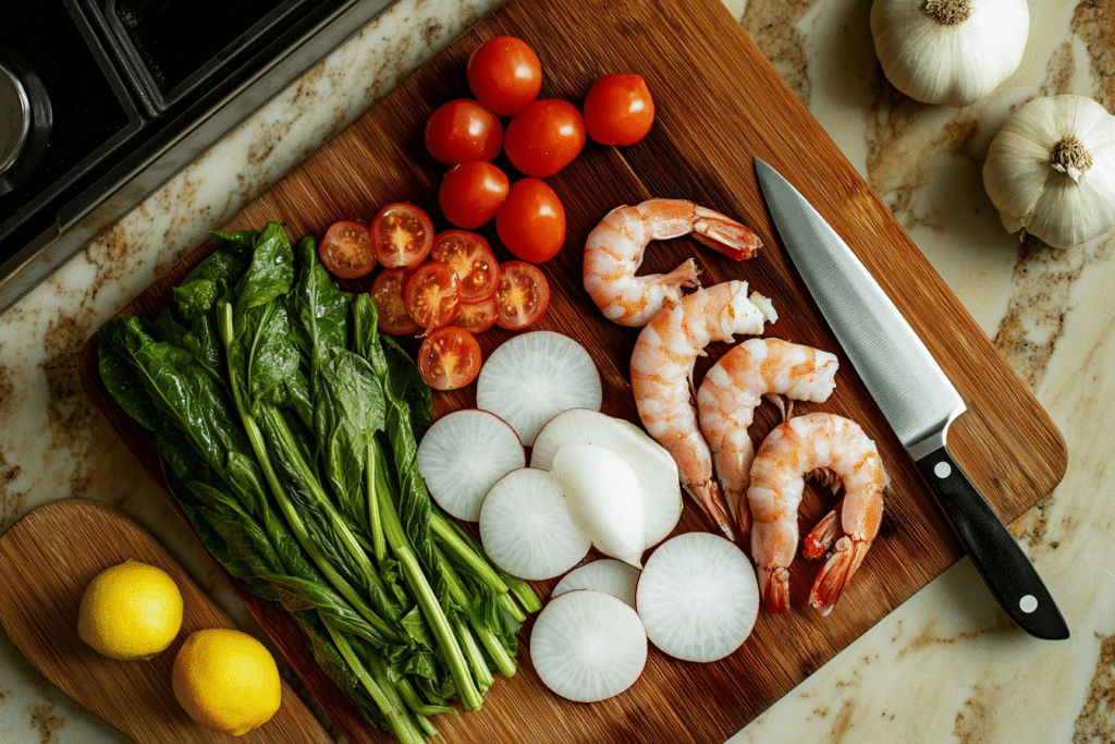 Sinigang Recipe: A Guide to the Beloved Filipino Comfort Dish 1 Flat lay of sinigang ingredients including raw shrimp, radish, kangkong leaves, tamarind pods, tomatoes, and onions on a chopping board in a modern kitchen.