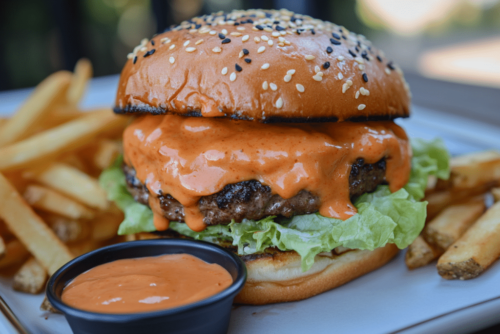 Burger Sauce Recipe: Elevate Your Burgers in Minutes 2 Close-up of a grilled burger topped with chipotle sauce, fresh lettuce, tomatoes, and melted cheese on a sesame seed bun, with fries on the side.