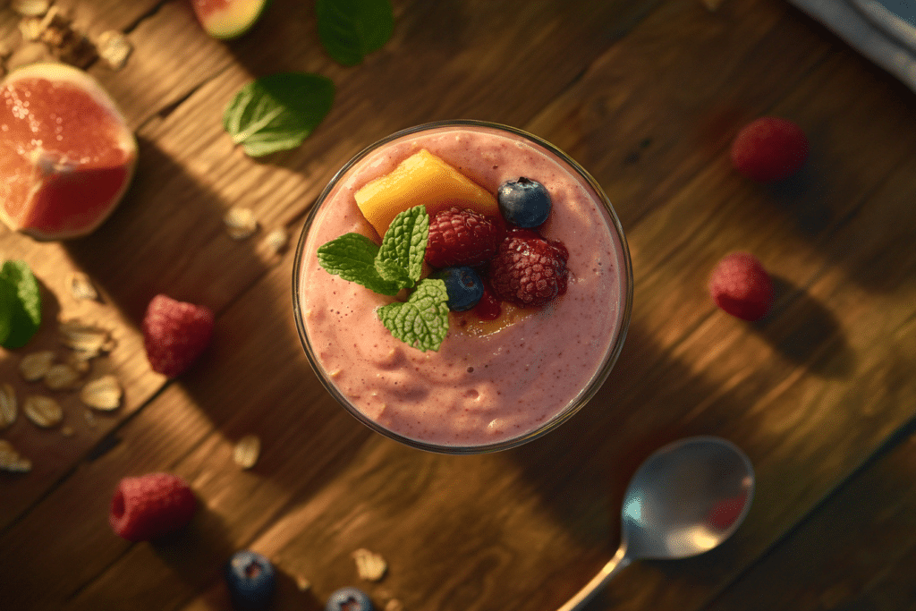 Carnation Instant Breakfast: Benefits, Uses, and Criticisms 2 Overhead view of a smoothie made with Carnation Instant Breakfast, fresh berries, and almond milk, garnished with a sprig of mint, on a rustic wooden table.