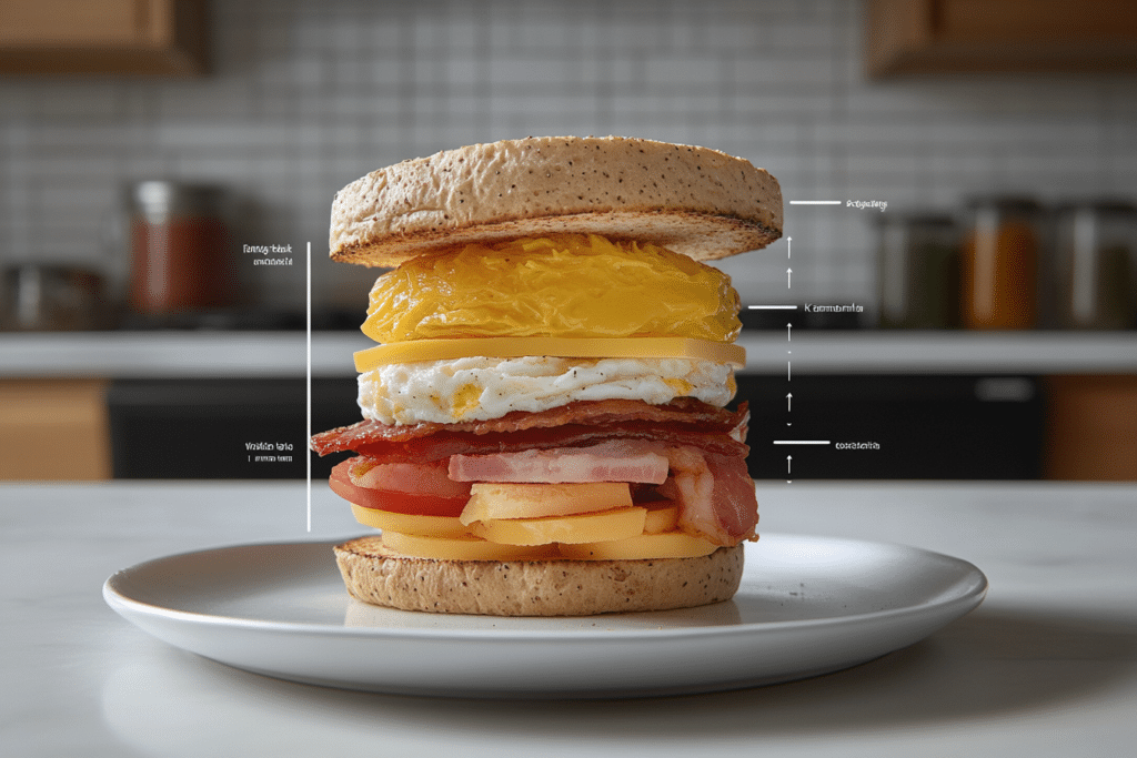 Jimmy Dean Breakfast Sandwich: Easy, Delicious, and Versatile 2 Overhead view of a deconstructed Jimmy Dean English muffin sandwich showing individual layers with calorie and macronutrient details for each component.