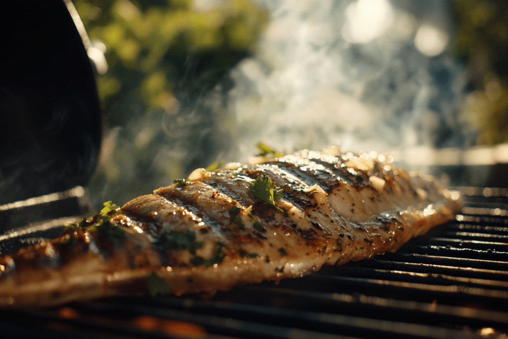 Branzino Recipe: Delicious Mediterranean Cooking Made Easy 3 Branzino grilling over open flames, with crispy char marks and a vibrant herb marinade of parsley and garlic under sunny outdoor lighting.