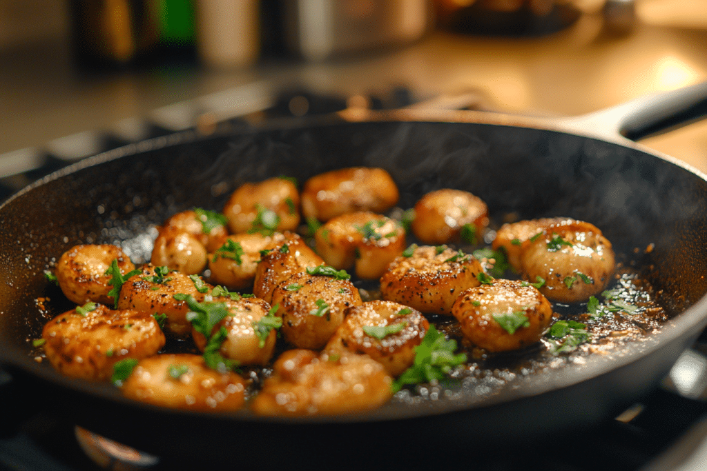 Lion's Mane Mushroom Recipe: Easy for Every Meal 2 Close-up view of sautéed lion’s mane mushrooms in a cast iron skillet, golden brown and garnished with fresh parsley under warm lighting.