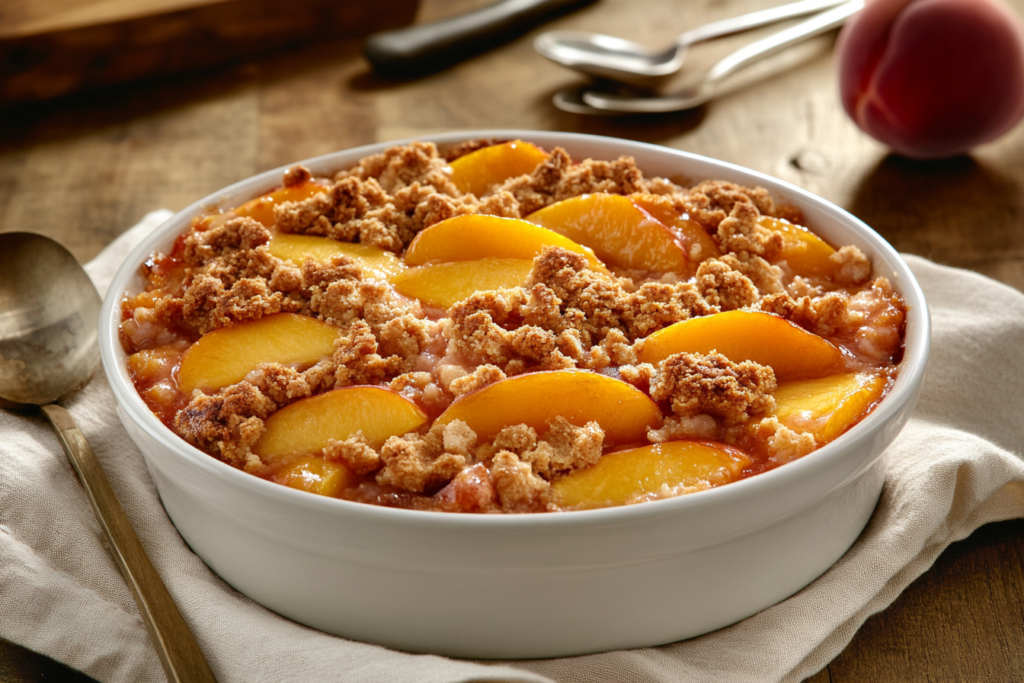 Peach Crumble Recipe: A Deliciously Simple Dessert Guide 2 Close-up of an unbaked peach crumble in a white dish, showcasing the golden crumble topping and vibrant peach filling underneath.