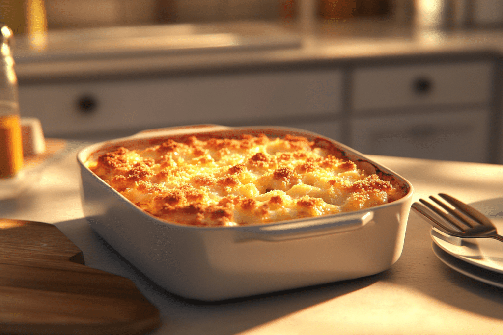 Tini Mac and Cheese Recipe: A Comfort Food Delight 2 Side view of baked mac and cheese with a golden, crispy breadcrumb topping, bubbling edges in a modern kitchen setting.
