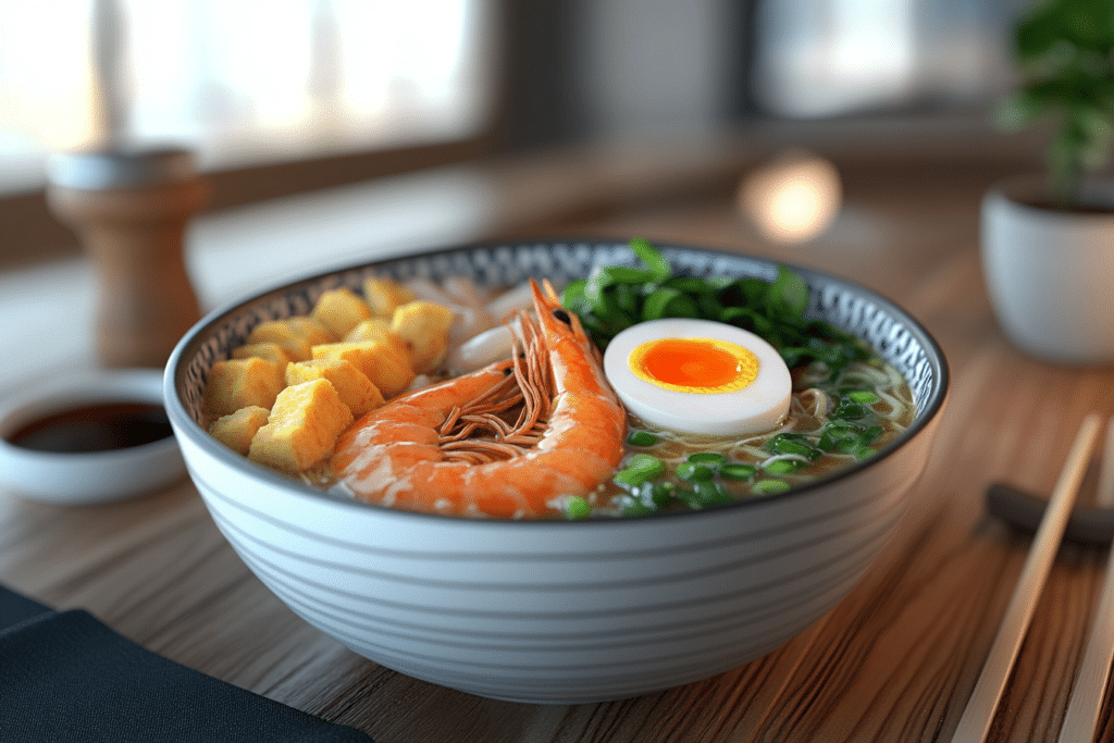 Sinigang Recipe: A Guide to the Beloved Filipino Comfort Dish 3 Side-angle view of sinigang ramen with noodles, boiled egg, shrimp, and vegetables in a tangy broth, served on a minimalist dining table.