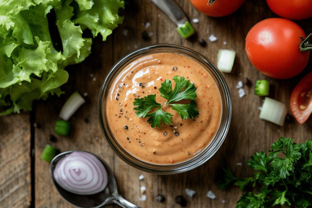 Burger Sauce Recipe: Elevate Your Burgers in Minutes 1 Overhead view of a traditional burger sauce in a glass bowl garnished with parsley, surrounded by fresh burger ingredients like lettuce and tomatoes.
