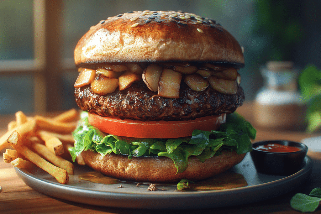 Lion's Mane Mushroom Recipe: Easy for Every Meal 3 Side view of a lion’s mane mushroom burger featuring a thick mushroom patty, fresh lettuce, tomatoes, and a toasted brioche bun with natural lighting.
