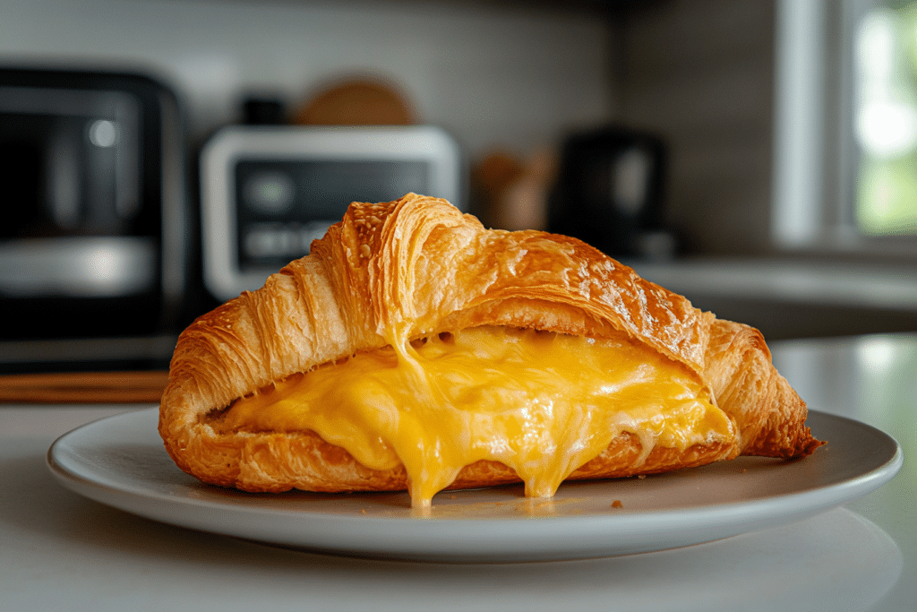 Jimmy Dean Breakfast Sandwich: Easy, Delicious, and Versatile 3 Side view of a Jimmy Dean breakfast sandwich with a crispy croissant and melted cheese, heated in an air fryer, with an air fryer in the background.