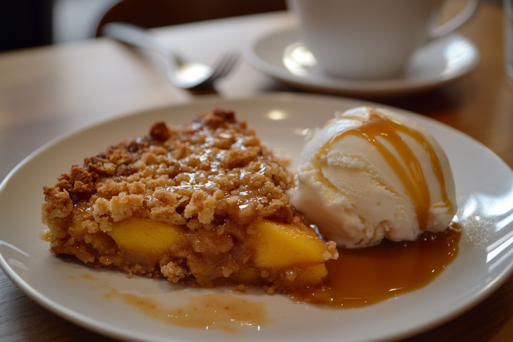 Peach Crumble Recipe: A Deliciously Simple Dessert Guide 3 Close-up of a slice of peach crumble topped with melting vanilla ice cream and caramel drizzle, served on a white plate.