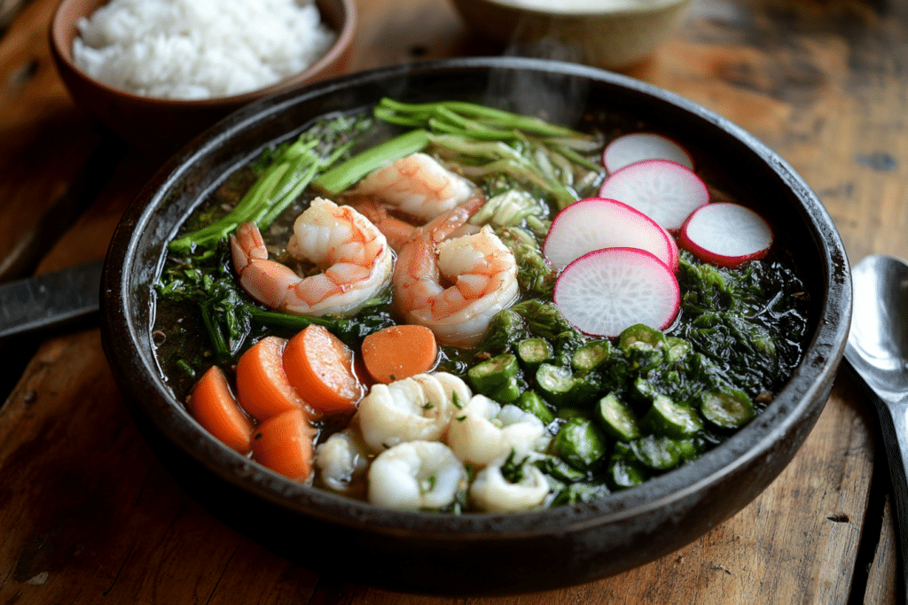 Sinigang Recipe: A Guide to the Beloved Filipino Comfort Dish 2 Overhead view of sinigang na hipon, featuring vibrant shrimp, radish, okra, kangkong, and a clear broth, served on a rustic wooden table.